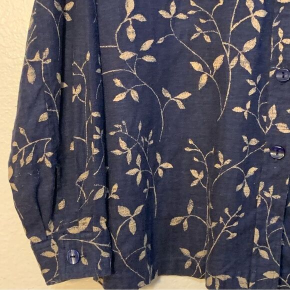 LIZ CLAIBORNE Liz-sport Linen Blend Shirt Women Medium Navy Blue Tan Leaf. - Picture 5 of 12